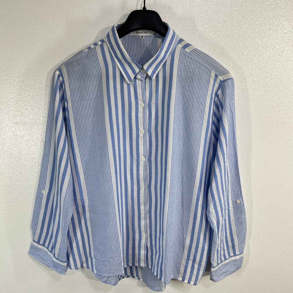 Eden & Olivia Blue White Striped Button Up Shirt 3X Roll Tab Coastal Preppy Boho - Picture 2 of 10
